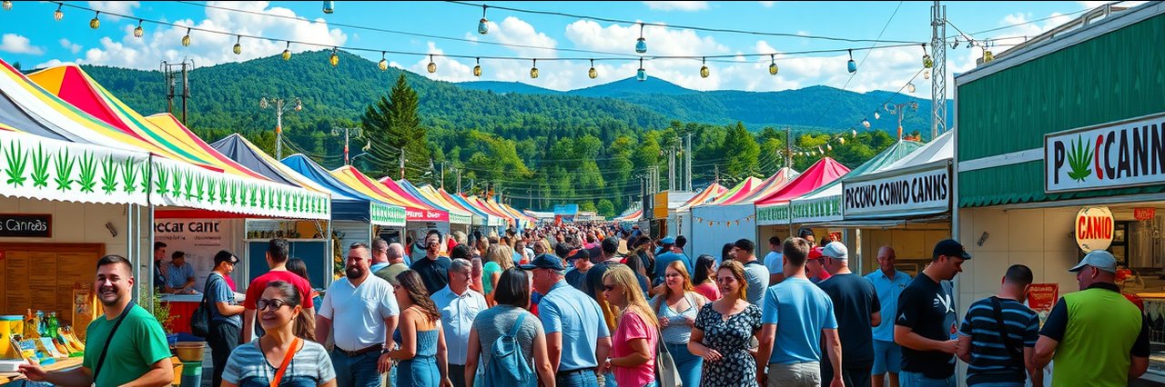 Crowd enjoying Pocono Canna Fair 2025 with tents, mountains, and lively scene.