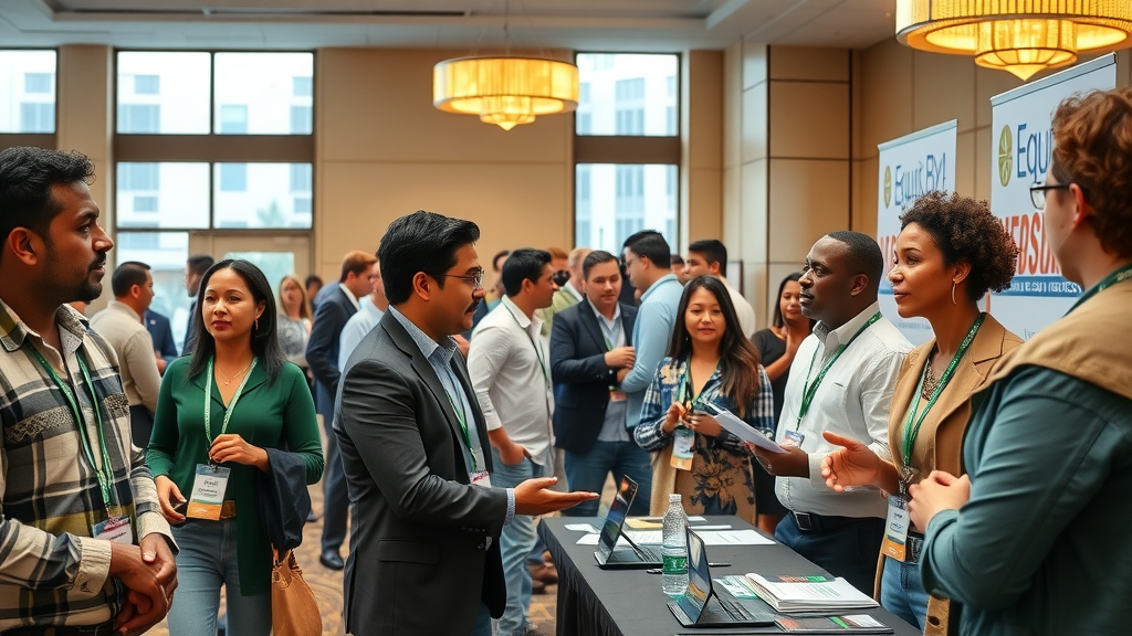 A diverse group of professionals networks at a bustling Vendor Fair, engaging in conversations and exchanging information about Maryland Cannabis at exhibitor tables in a well-lit, modern venue this June 2025.