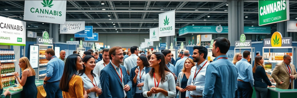Lively Maryland cannabis vendor fair with attendees exploring products and booths.