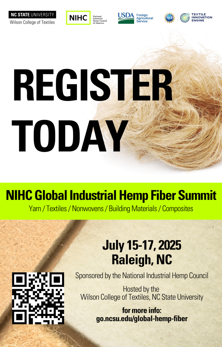 Flyer with a close-up photo of industrial hemp fibers, promoting the NIHC Global Hemp Fiber Summit in Raleigh, NC, July 15-17, 2025. Includes registration info and sponsor logos at the top.