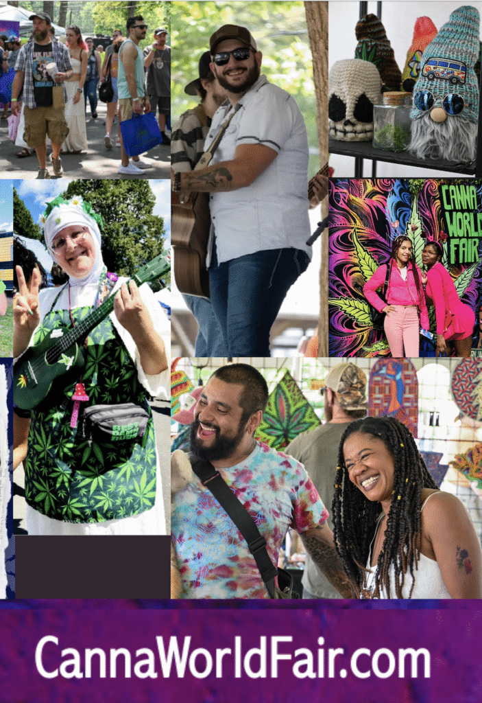 A collage of smiling people at the vibrant Pocono Canna Fair outdoor event, playing guitars and ukuleles, colorful artwork, decorative hats, and "CannaWorldFair.com" displayed at the bottom. Save the date: July 26, 2025!.