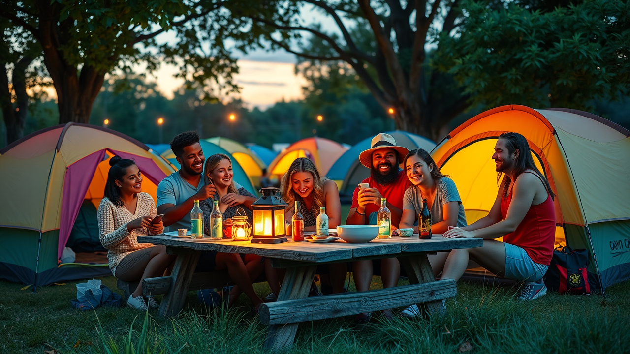 Friends camping at Pocono Canna Fair 2025, enjoying evening at the fair