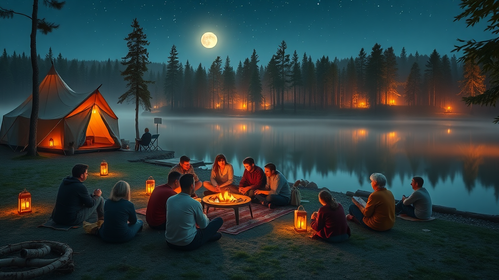 Camp Canna Alberta community relaxing lakeside at night under lantern and star light.