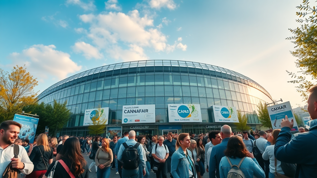 Visitors arriving at Cannafair 2025 in Germany at Düsseldorf Messe entrance