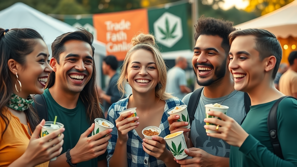 Friends enjoy snacks and laughter at National Cannabis Festival in Washington, DC.