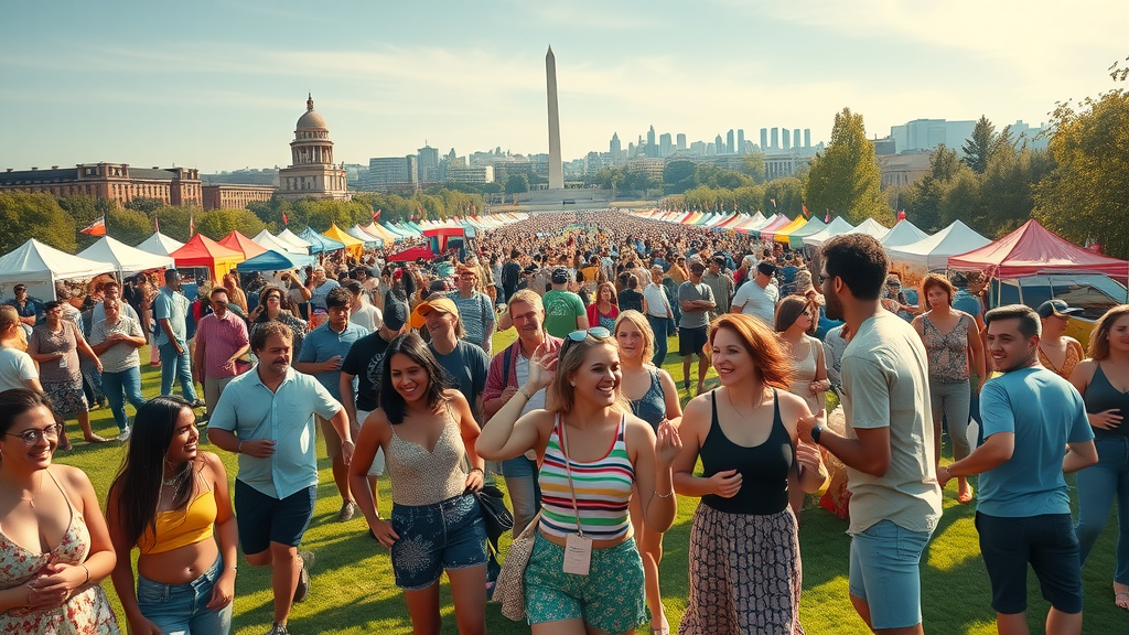Vibrant crowd enjoying National Cannabis Festival with DC monuments in background.