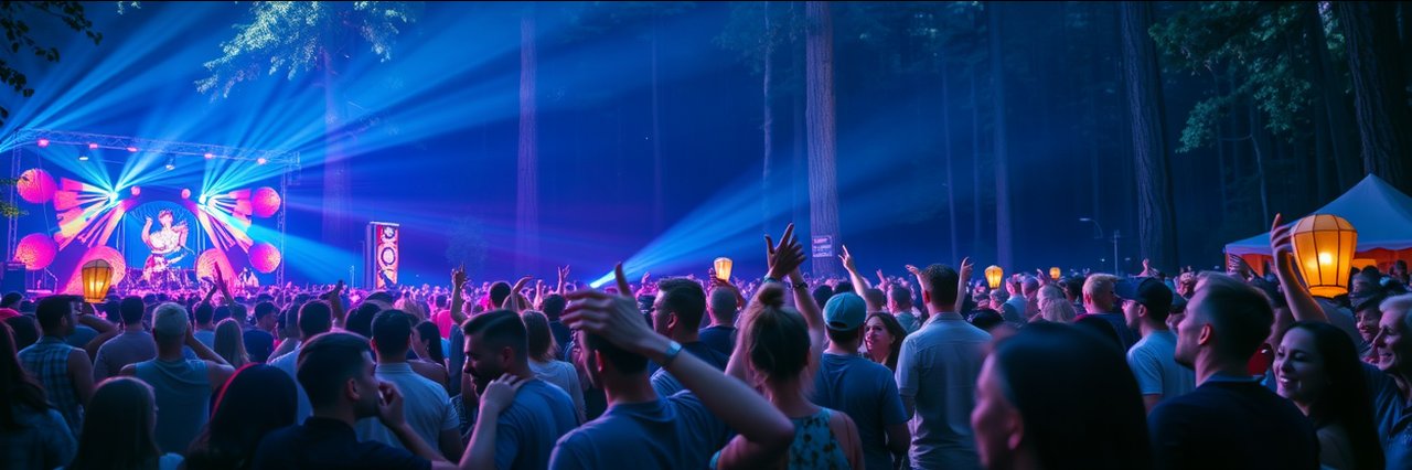 Vibrant nighttime crowd at Northern Nights Music Festival dancing under colorful lights.