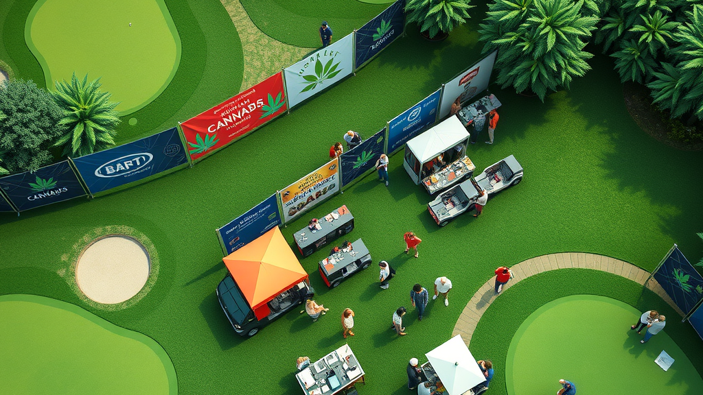 A vibrant overhead view of a cannabis industry golf event—lush green fairways, networking stations, cannabis brand banners, and people enjoying interactive booths, digital art style
