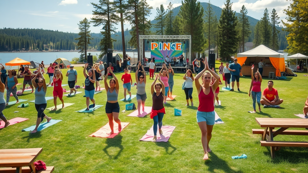 Adults practicing yoga and playing games at Camp Canna Alberta by Pine Lake.