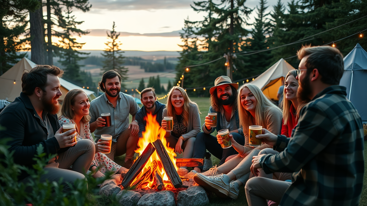 Camp Canna Alberta adults enjoy a festive campfire gathering among pine trees.