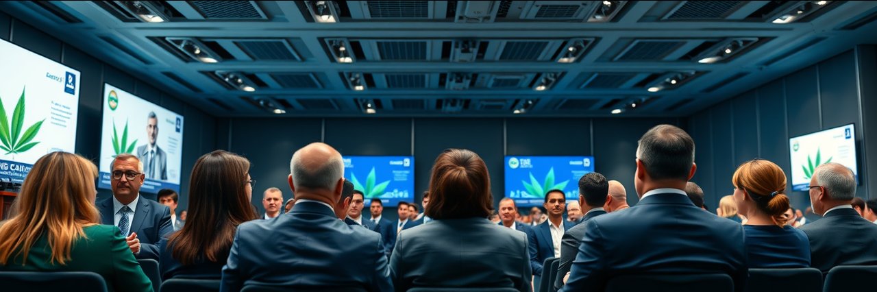 Cannabis banking symposium with expert panel and engaged audience in a modern conference setting.