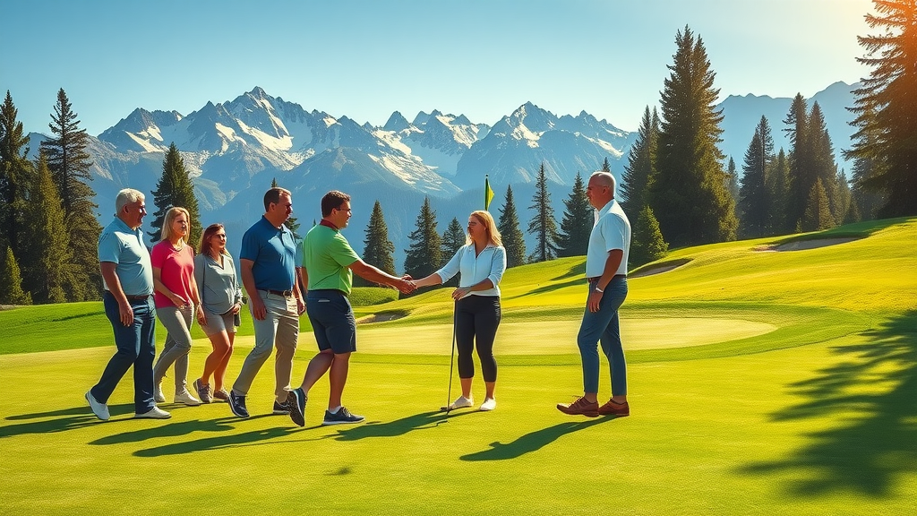Diverse golfers at Summer Classic Golf Tournament on sunlit Leavenworth greens.