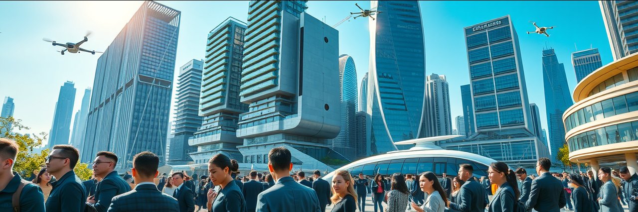 Futuristic city scene from Newtopia Now with people and advanced green tech.