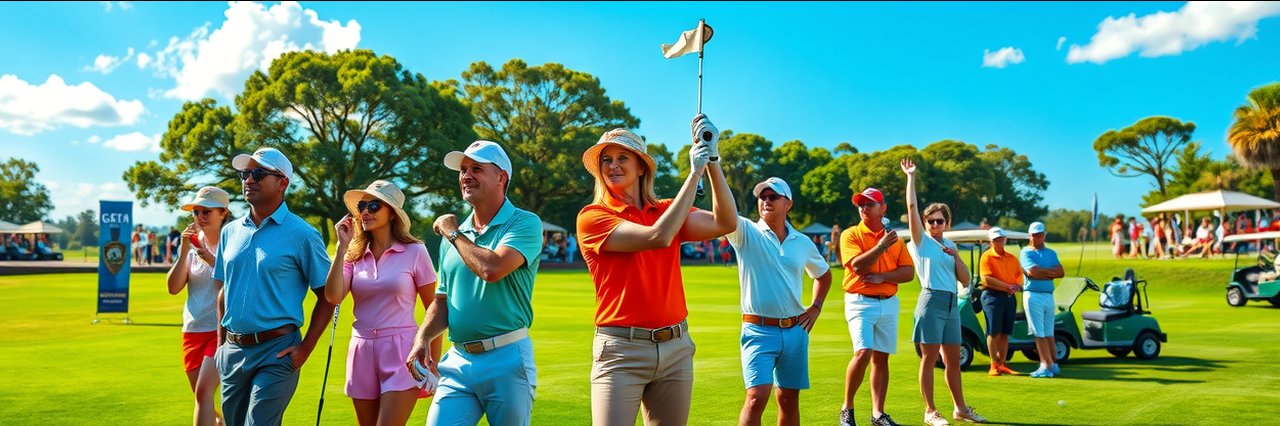 Golfers compete at a vibrant summer classic golf tournament on a sunny green course.