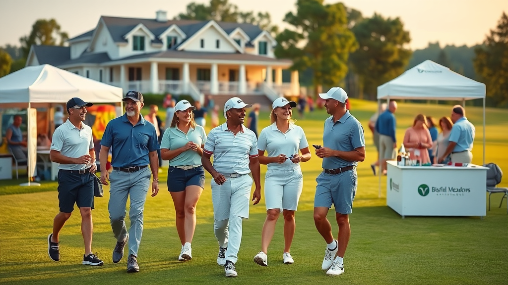 Adults in golf attire networking at teehc open vendor area, Blissful Meadows, Uxbridge MA.