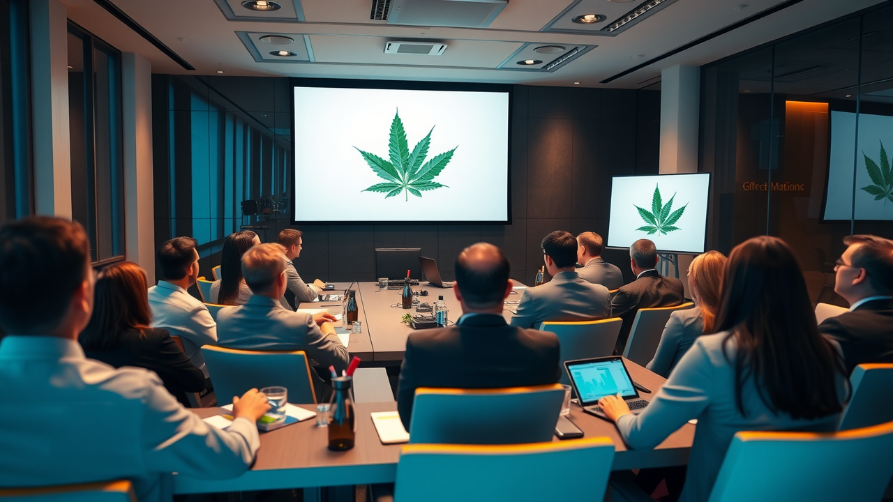 Modern financial conference room filled with professionals in business attire, cannabis leaf subtly incorporated into presentation screen, warm lighting, focused atmosphere