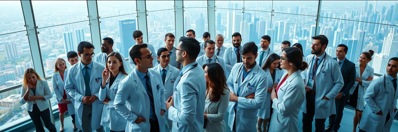 Science in the City international medical conference with diverse doctors networking in a modern glass venue.