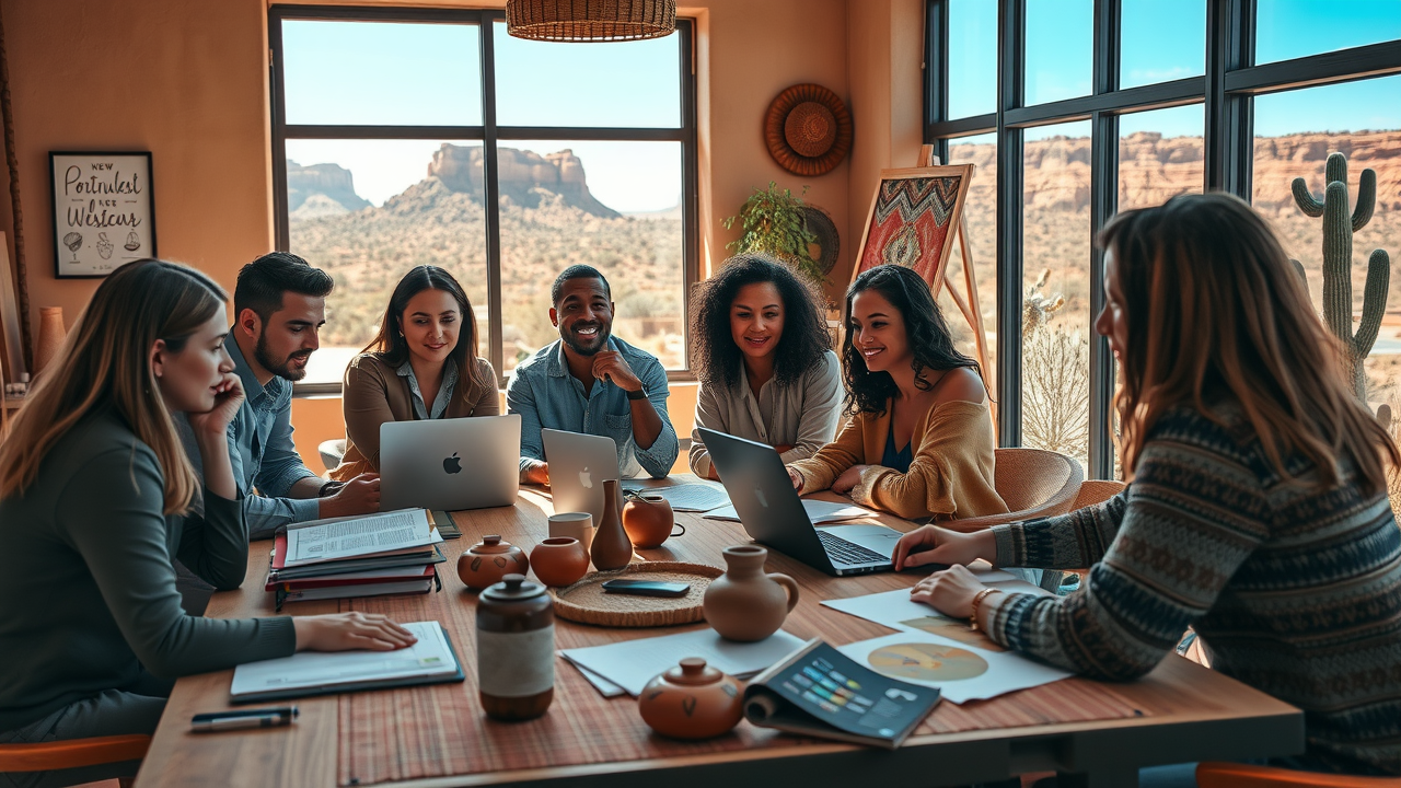 A group of professionals collaborating at a workshop table with documents and laptops, surrounded by Southwest-inspired decor and New Mexico desert views through the windows.