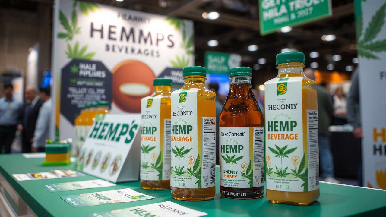 Close-up of a hemp beverage product showcase at an expo booth, with sustainable packaging, product samples, and marketing materials under soft lighting.