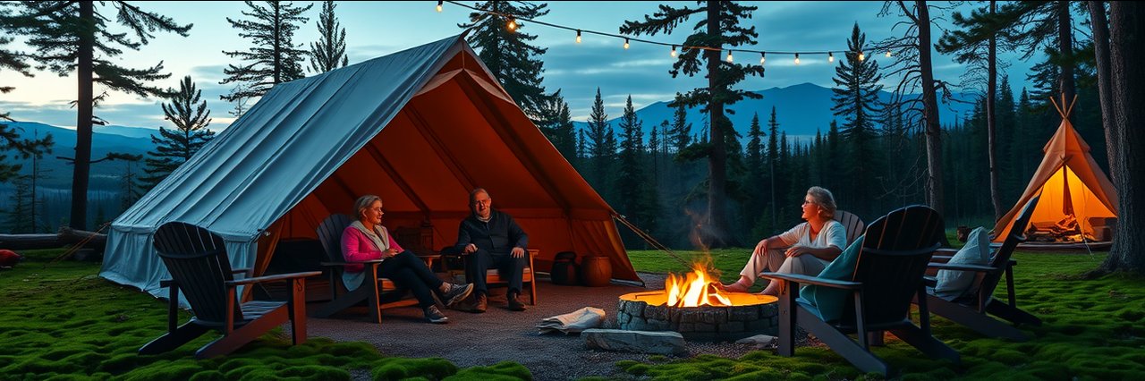 Camp Canna Alberta campsite with tent, campfire, friends in forest at dusk
