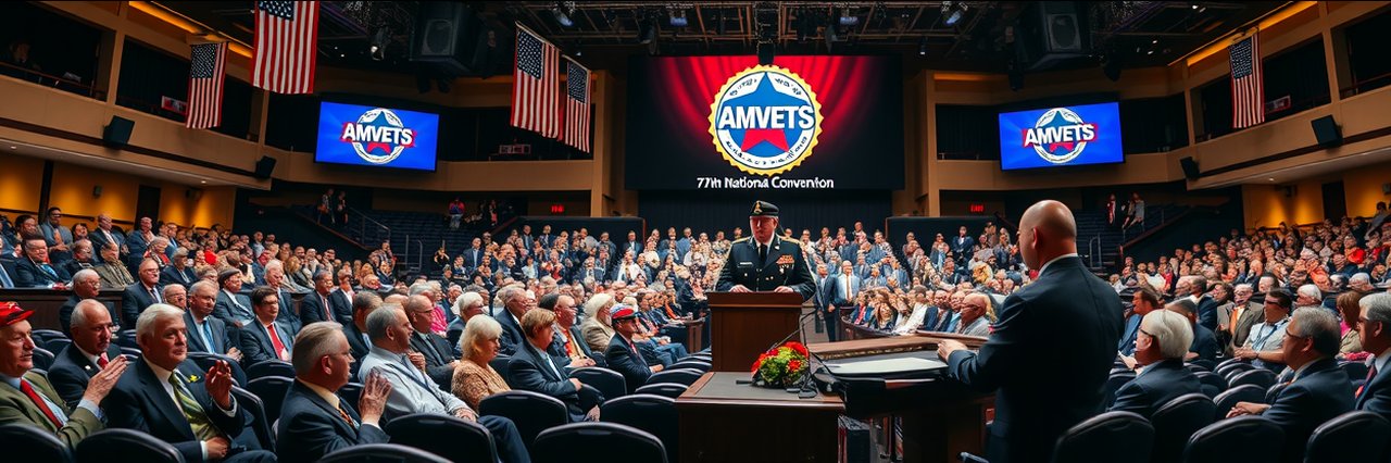 AMVETS 79th National Convention with veterans and officer at podium in decorated hall.