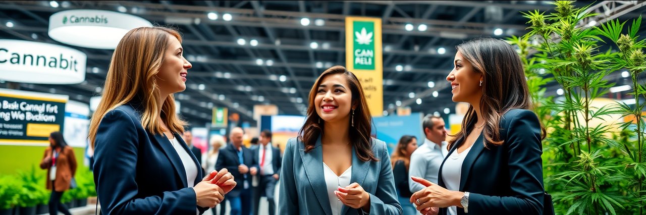Professional women networking at a cannabis expo event, modern business atmosphere