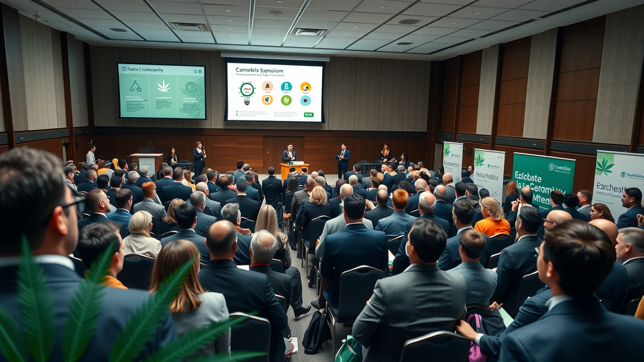 A professional cannabis symposium in a modern university conference hall, featuring a diverse group of attendees including doctors, scientists, educators, and policymakers in business attire. 