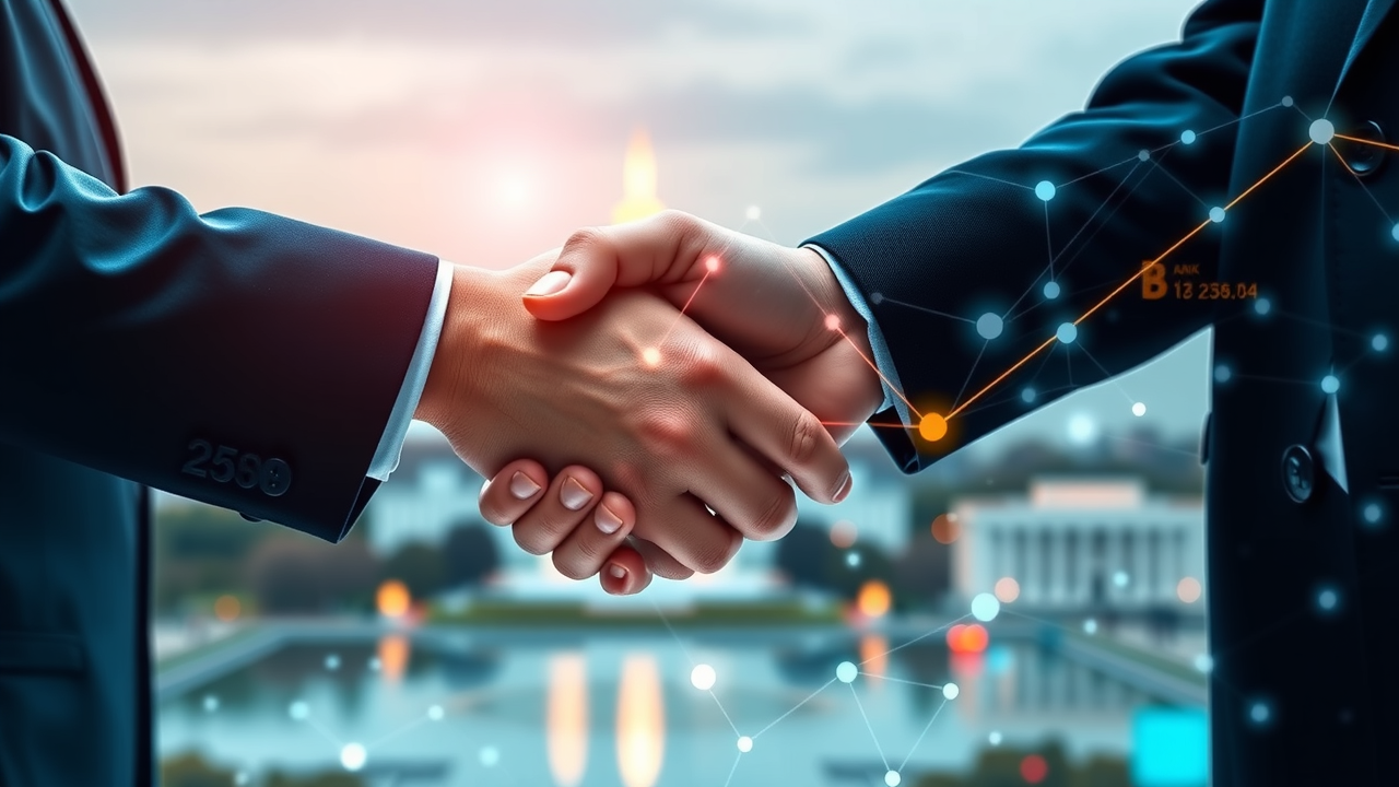 Close-up of handshake between a bank executive and a crypto startup founder with digital blockchain network overlay and Washington skyline in the background