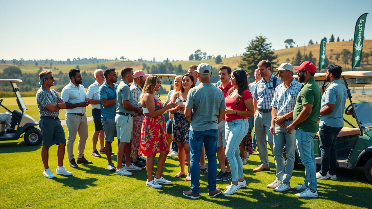 Diverse cannabis professionals networking at teehc open on Blissful Meadows golf course.
