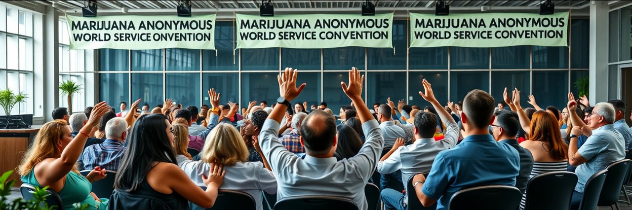 Attendees at Marijuana Anonymous World Services Convention support meeting in bright hall