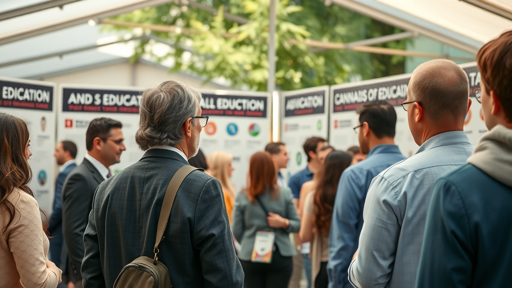 Community learning and networking at National Cannabis Festival policy summit tent.