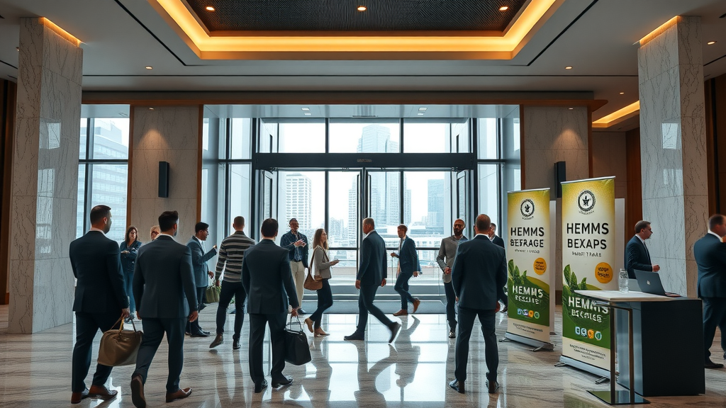 Business professionals entering hemp beverage expo at Omni Atlanta Hotel