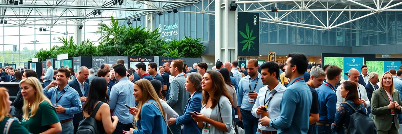 Attendees networking at national interdisciplinary cannabis symposium in modern hall.