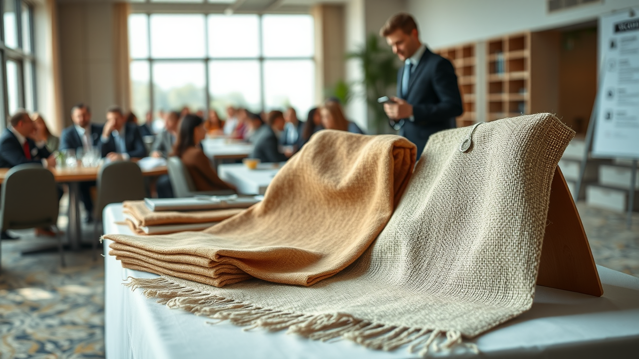 Sustainable textile samples made from hemp fiber displayed on a table during a summit, professional setting, soft daylight, eco-conscious theme