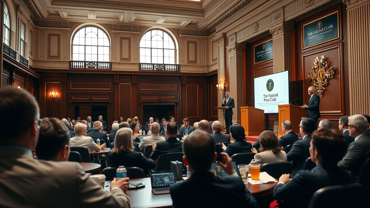 High-level business conference at The National Press Club in Washington, DC, with speakers on stage and attendees taking notes in a historic venue