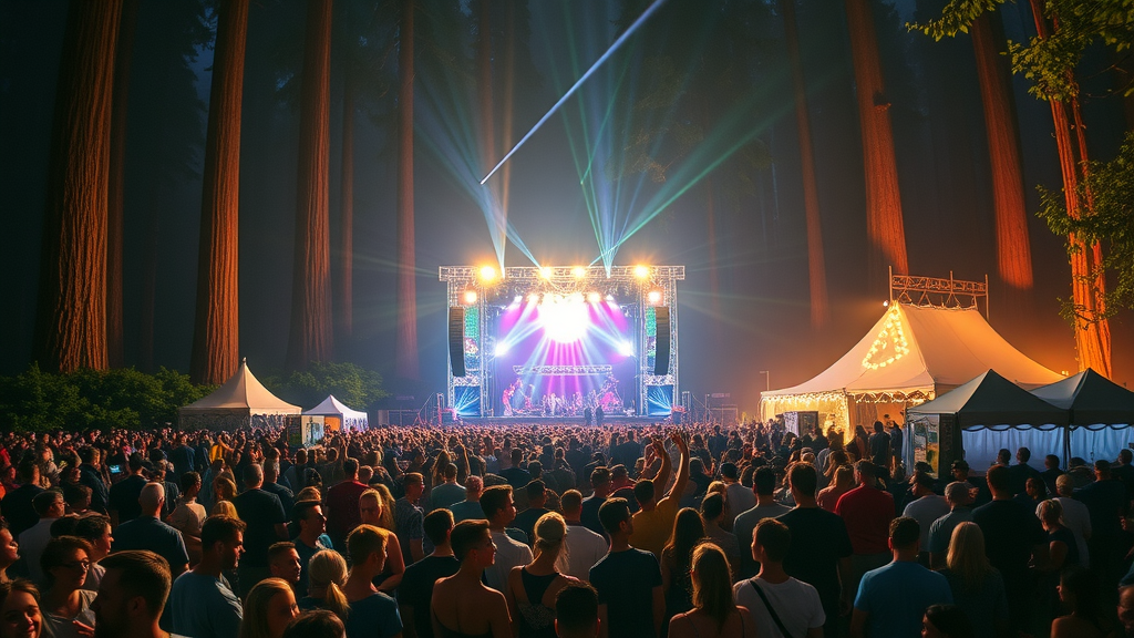Northern Nights Music Festival crowd enjoying night show in Piercy, California redwoods