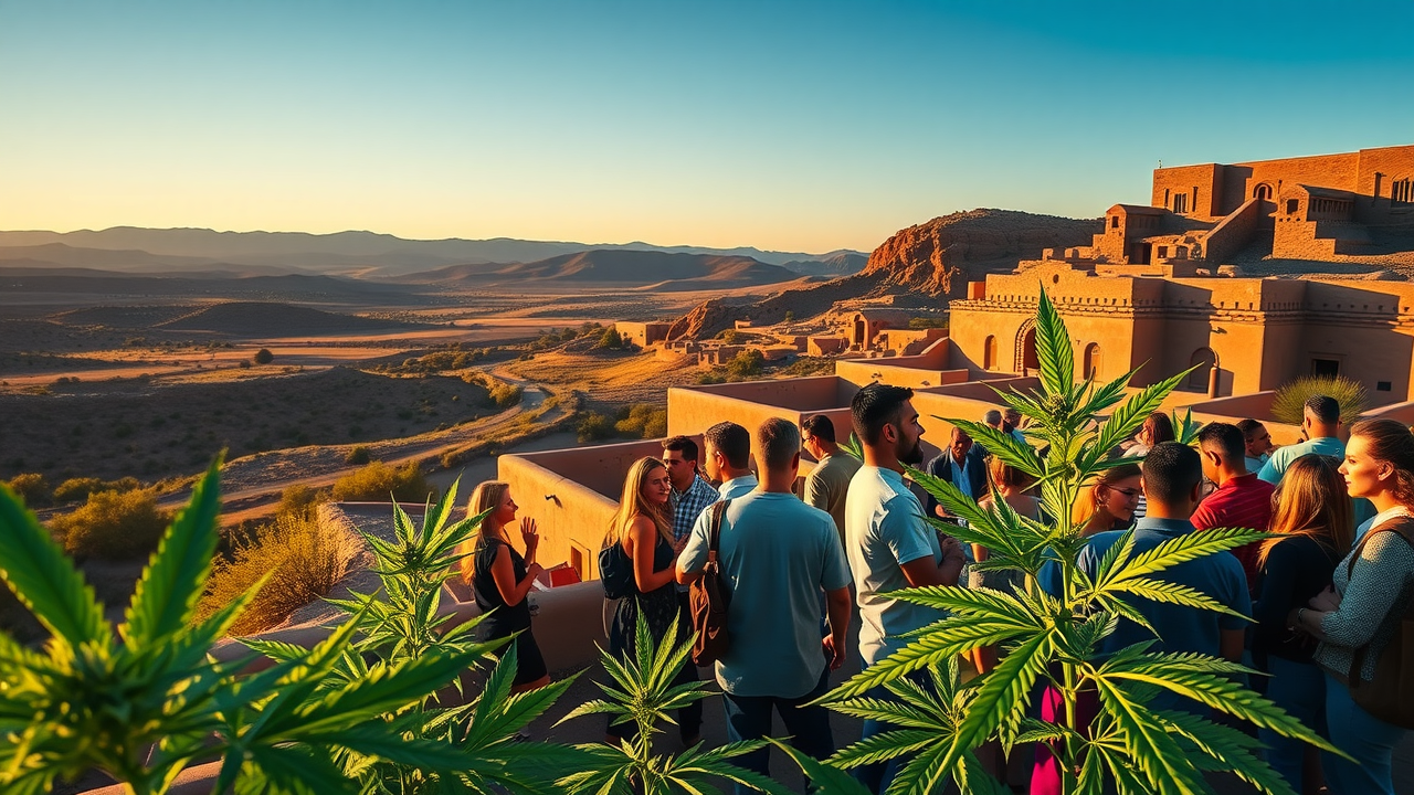A scenic view of Santa Ana Pueblo landscape, cannabis leaves, and conference attendees networking, symbolizing community involvement in cannabis finance.