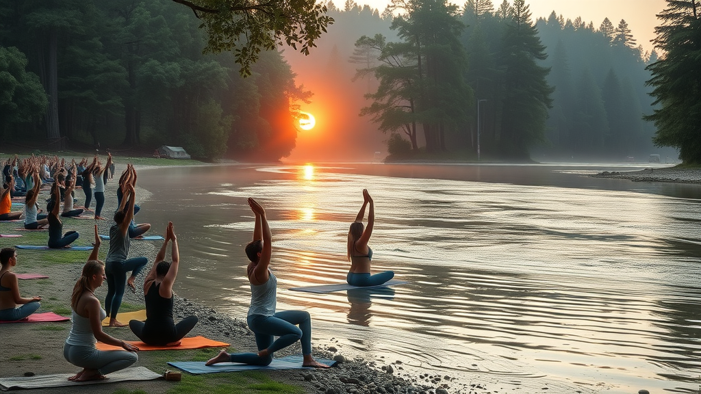 Yoga by the river at Northern Nights Music Festival in Redwood forest at sunrise