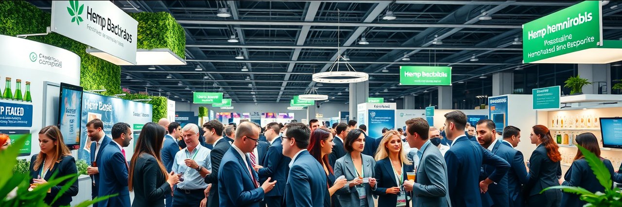 Professionals networking at a hemp beverage industry trade event in a modern expo hall