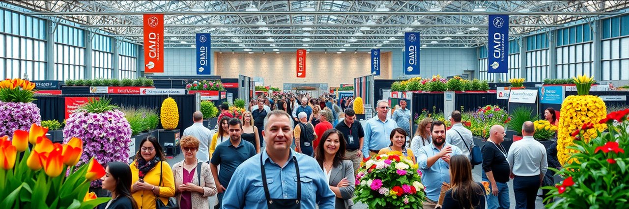Colorful Michigan flower expo with floral displays and attendees in vivid detail