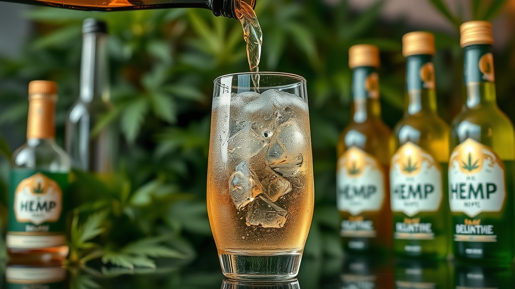 Hemp beverage being poured at industry event, close-up of drink innovation