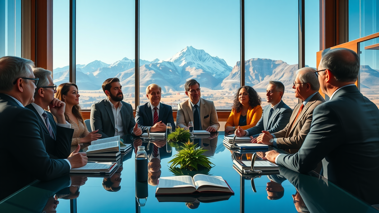 Panelists from diverse backgrounds—including legal experts, medical researchers, and cannabis advocates—gather at the University of Denver’s Sturm College of Law with the Rocky Mountains in the background, symbolizing collaboration, cannabis policy reform, and community impact.