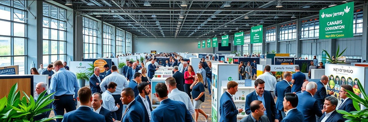 New Jersey Cannabis Convention bustling crowd and booths, photorealistic, ultra HD