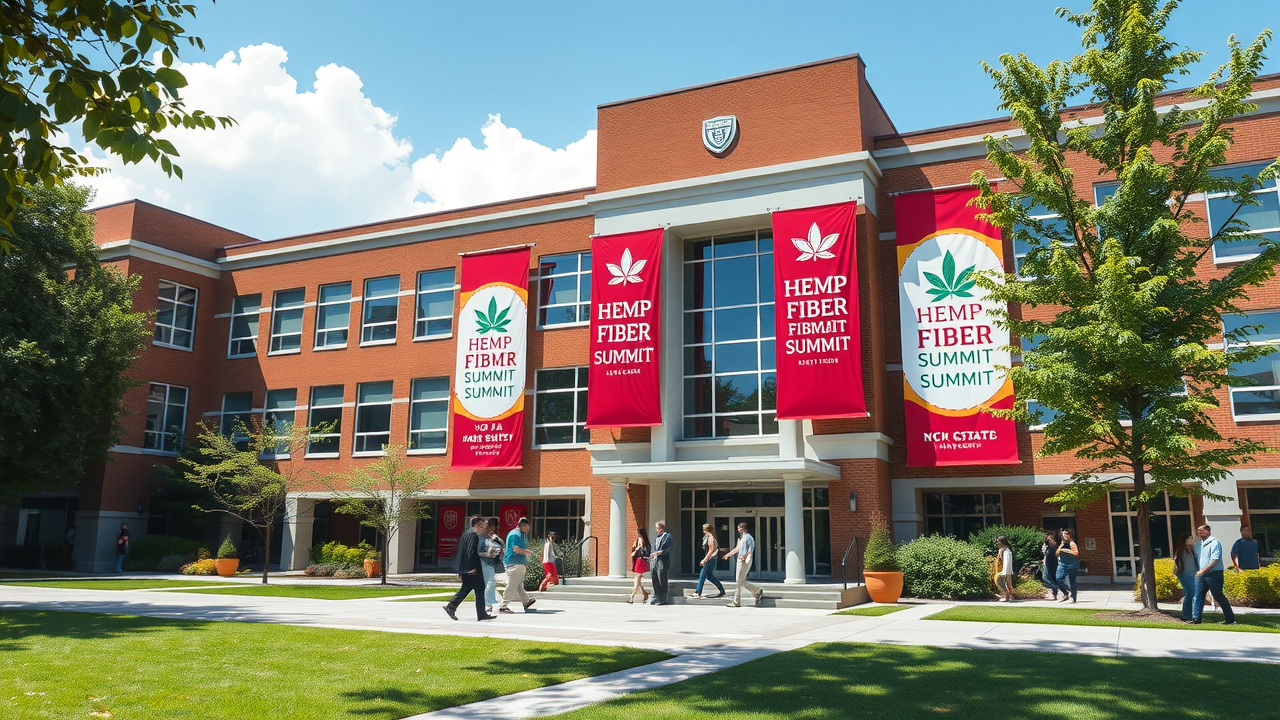 A modern university campus building with banners and signs for a hemp fiber summit, sunny summer day, people arriving, NC State style architecture, realistic style.