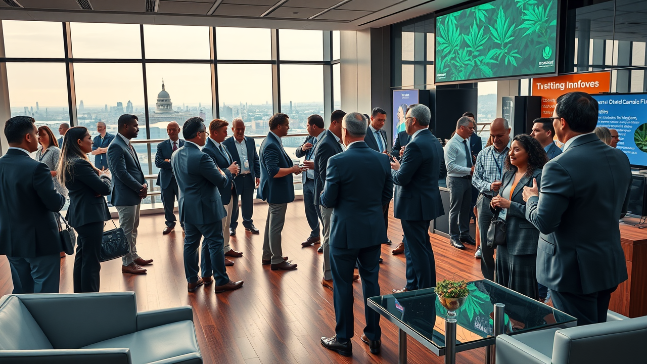 A professional networking event in Washington, DC with business executives, crypto leaders, and government regulators inside a modern conference hall
