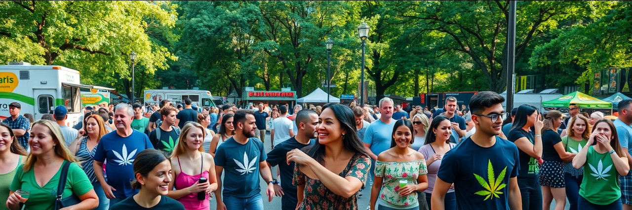 Lively national cannabis festival with crowds, music, and decorations in a sunny park.