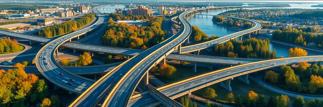 Aerial photorealistic image of Interchange Washington in autumn with flowing traffic